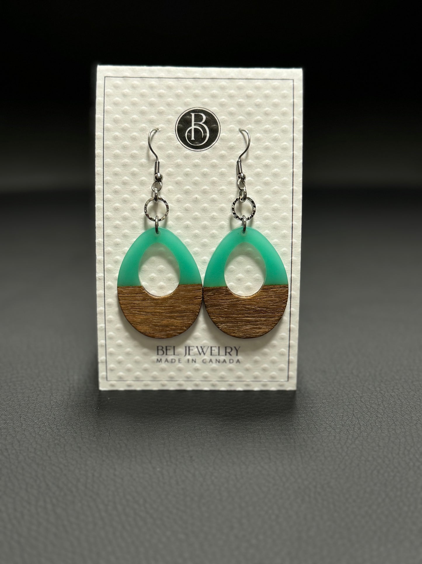 BEL JEWLERY WALNUT AND TEAL RESIN OVAL EARRINGS