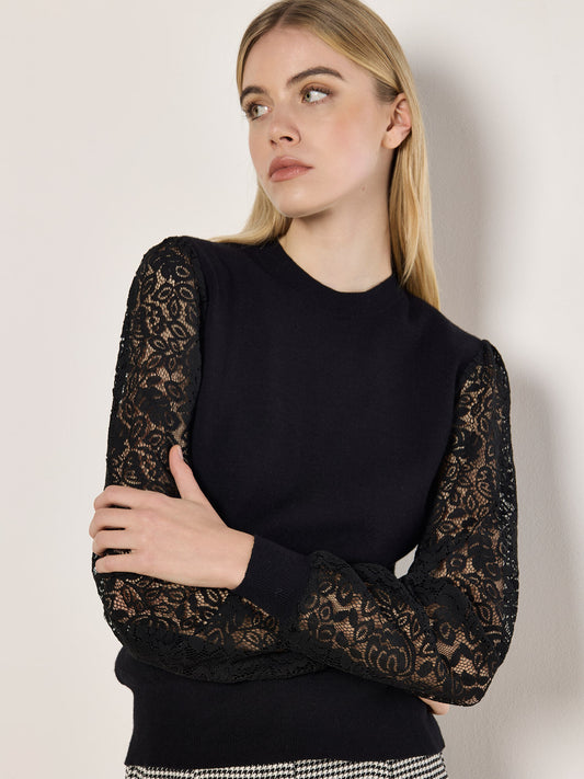 APRICOT BLACK LACE ARM CREW NECK SWEATER