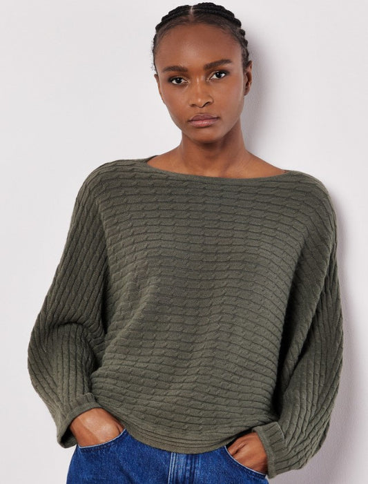 APRICOT KHAKI CABLE STRIPE BATWING SWEATER