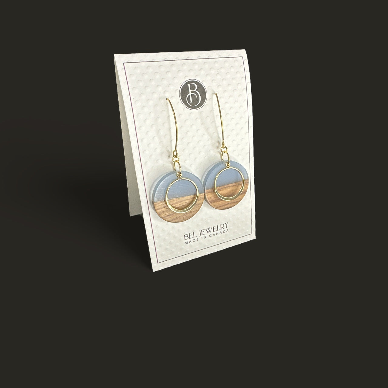 BEL JEWLERY WALNUT AND BLUE RESIN ROUND EARRINGS WITH GOLD ACCENT