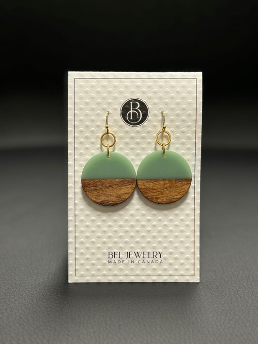 BEL JEWLERY WALNUT AND TEAL RESIN ROUND EARRINGS