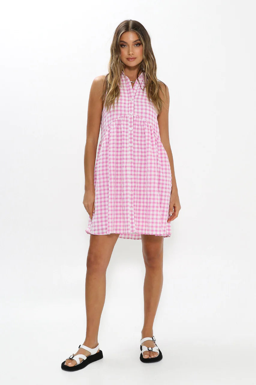 MADISON THE LABEL CLARA MINI DRESS IN PINK GINGHAM