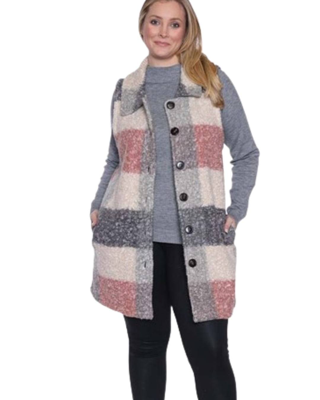 PAPA FASHIONS PINK & GREY PLAID BUTTON UP VEST