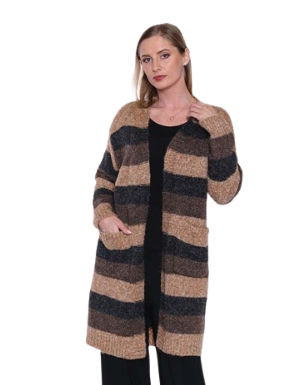 PAPA FASHIONS WIDE STRIPE CARDIGAN IN COFFEE & BLACK