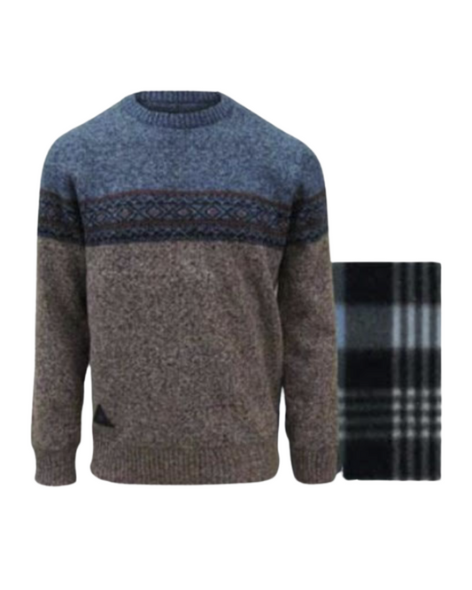 POINT ZERO MEN'S BLUE/BROWN BONDED SWEATER - CREW NECK
