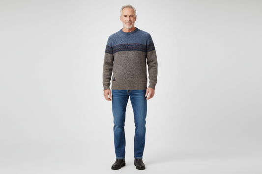 POINT ZERO MEN'S BLUE/BROWN BONDED SWEATER - CREW NECK