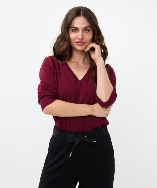 ESQUALO SHORT SLEEVE PUFF WINE KNIT SWEATER