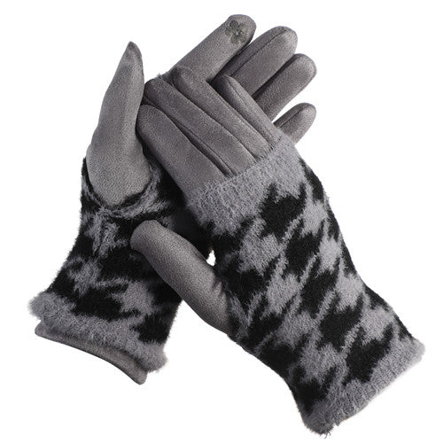 D&W GREY PURPLE & BLACK HOUNDS TOOTH TOUCH SCREEN GLOVES