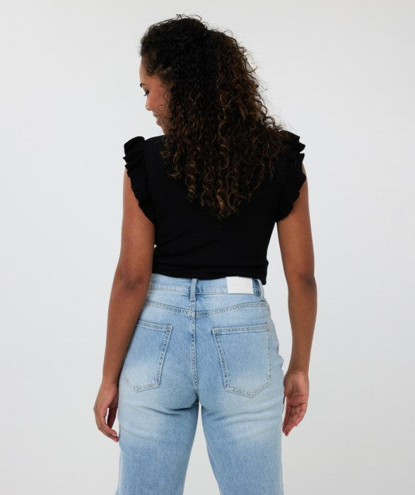 ESQUALO V-NECK TOP WITH RUFFLE SLEEVE IN BLACK