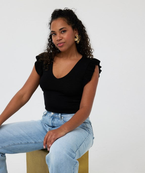 ESQUALO V-NECK TOP WITH RUFFLE SLEEVE IN BLACK