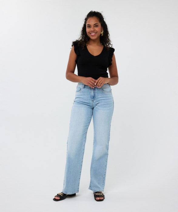 ESQUALO V-NECK TOP WITH RUFFLE SLEEVE IN BLACK