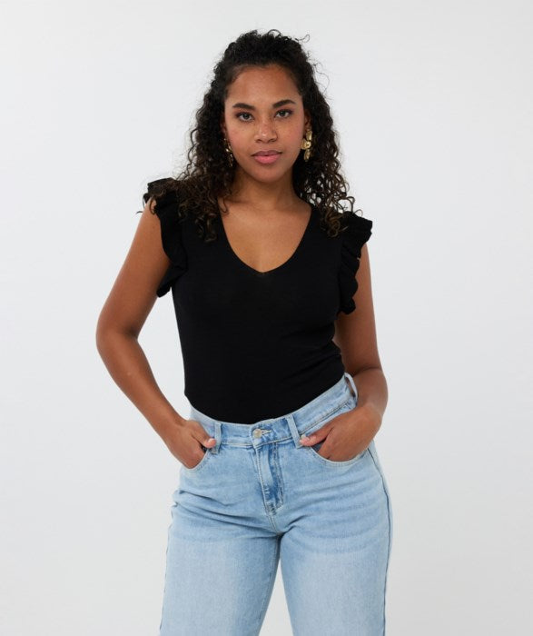 ESQUALO V-NECK TOP WITH RUFFLE SLEEVE IN BLACK