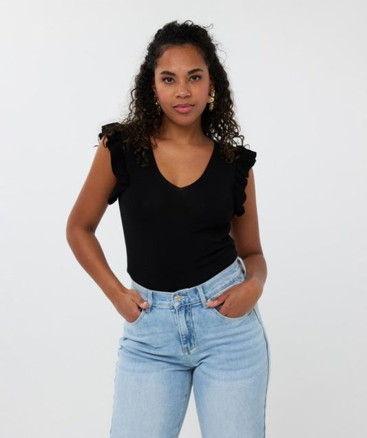 ESQUALO V-NECK TOP WITH RUFFLE SLEEVE IN BLACK