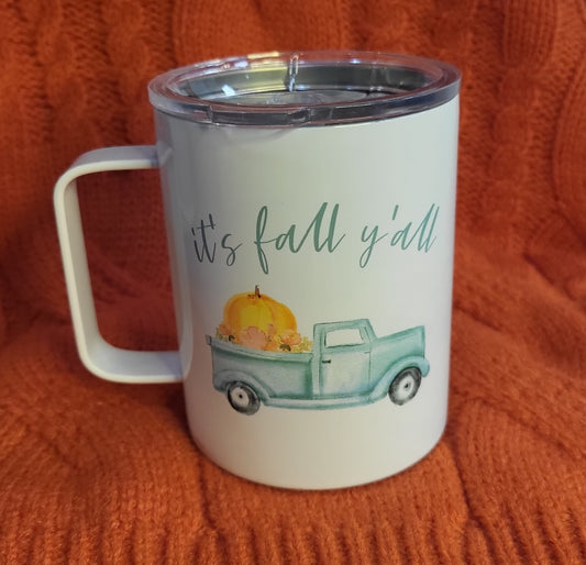 BLONDE AMBITION IT'S FALL Y'ALL TIN MUG WITH LID
