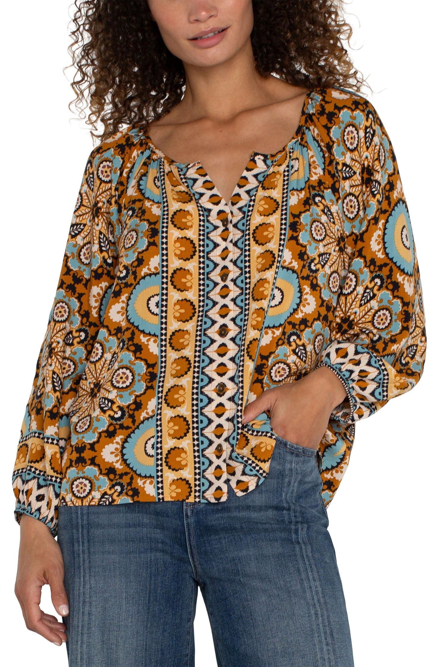 LIVERPOOL OCEAN JASPER MULTI PEASANT BUTTON FRONT TOP