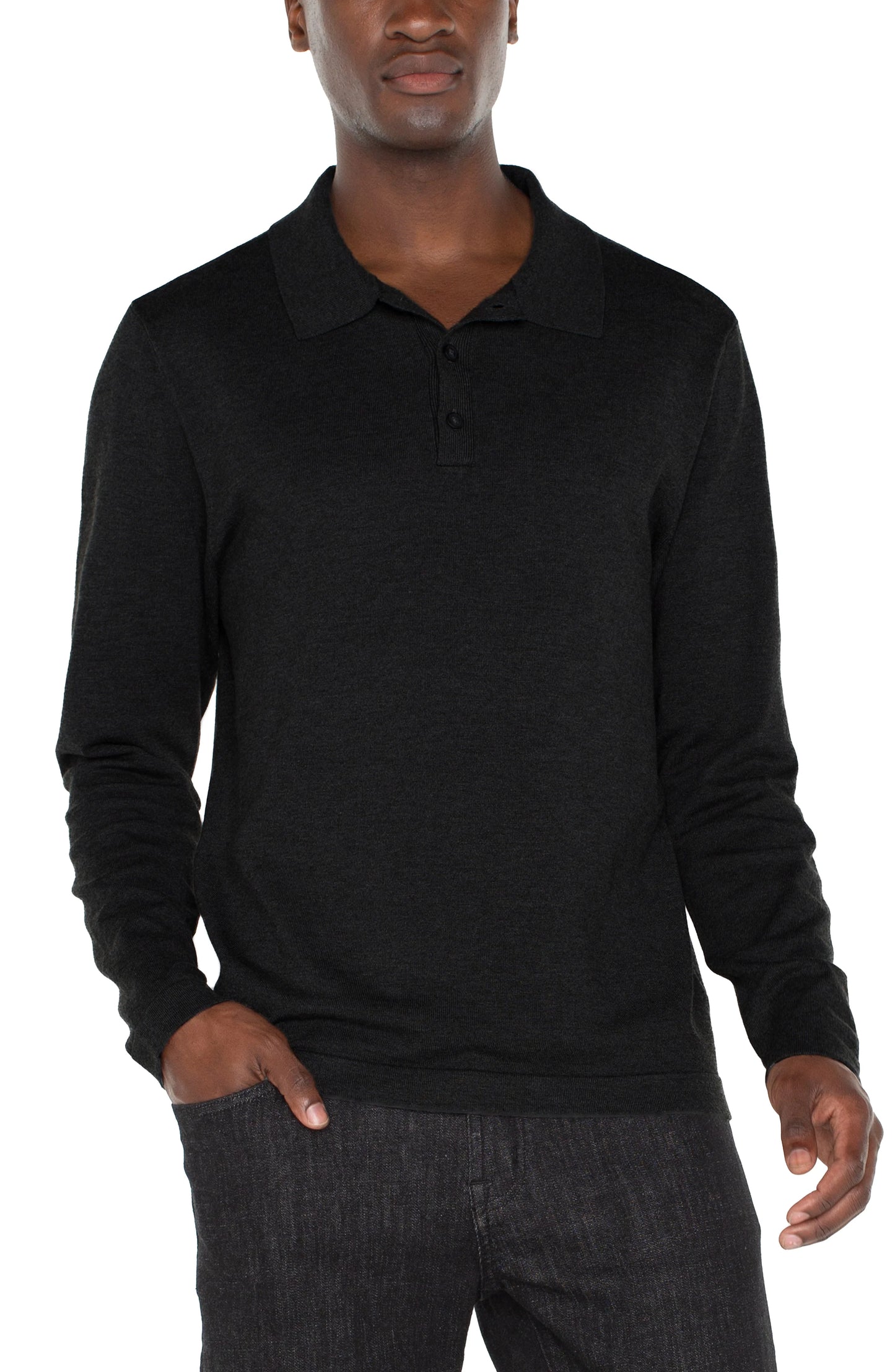 LIVERPOOL MENS LONG SLEEVE KNIT POLO - BLACK