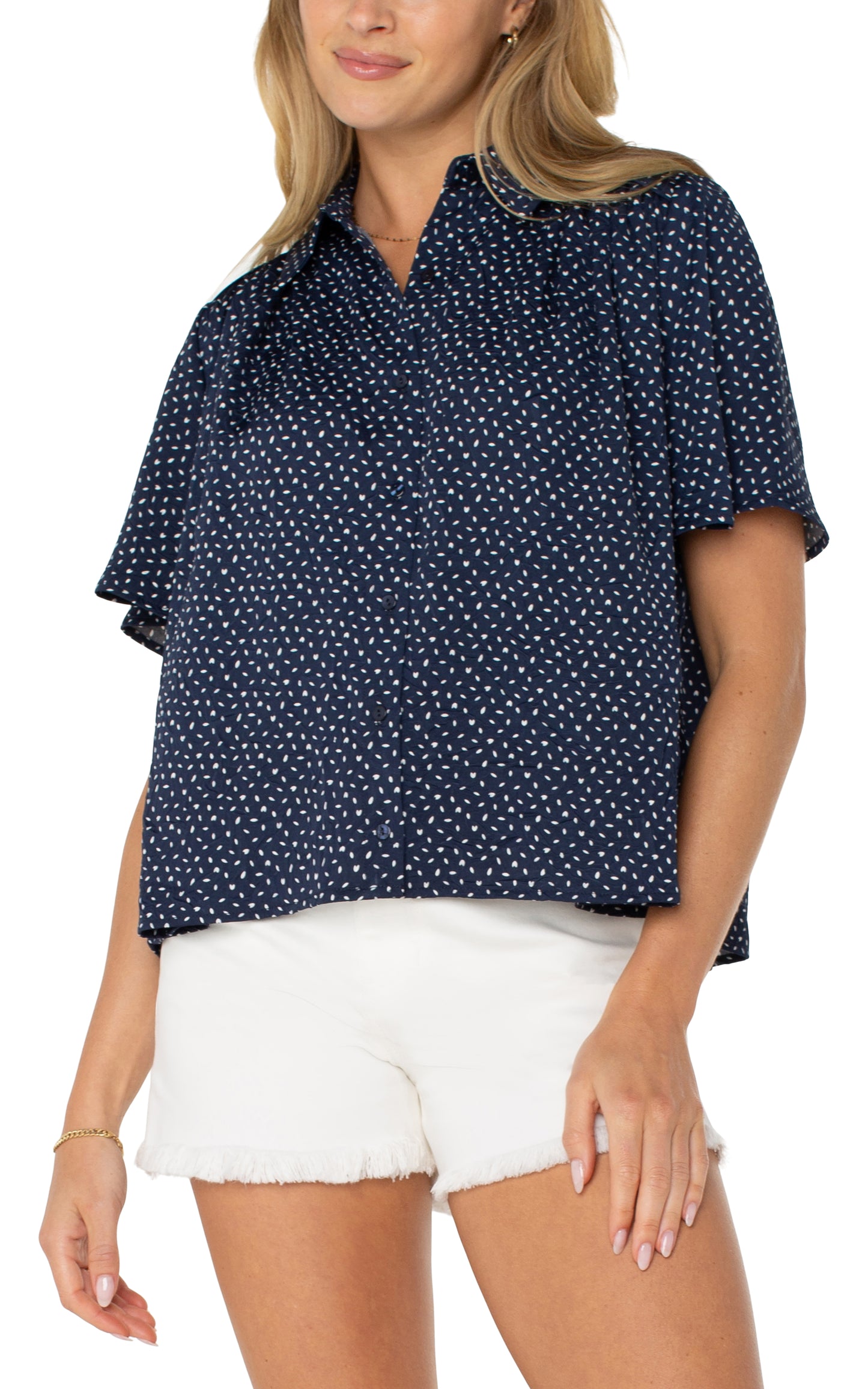LIVERPOOL HALF SLEEVE BUTTON SHIRRED WOVEN BLOUSE - WHITE/NAVY