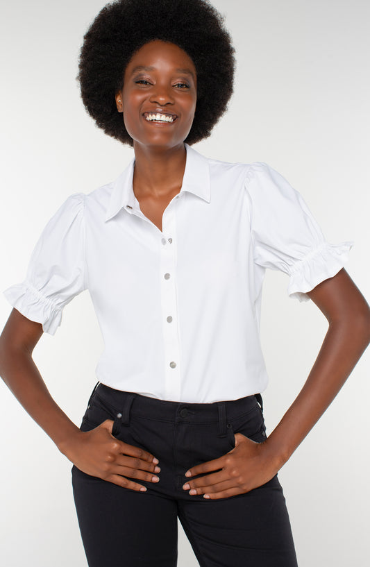 LIVERPOOL ELBOW PUFF SLEEVE SNAP FRONT KNIT SHIRT