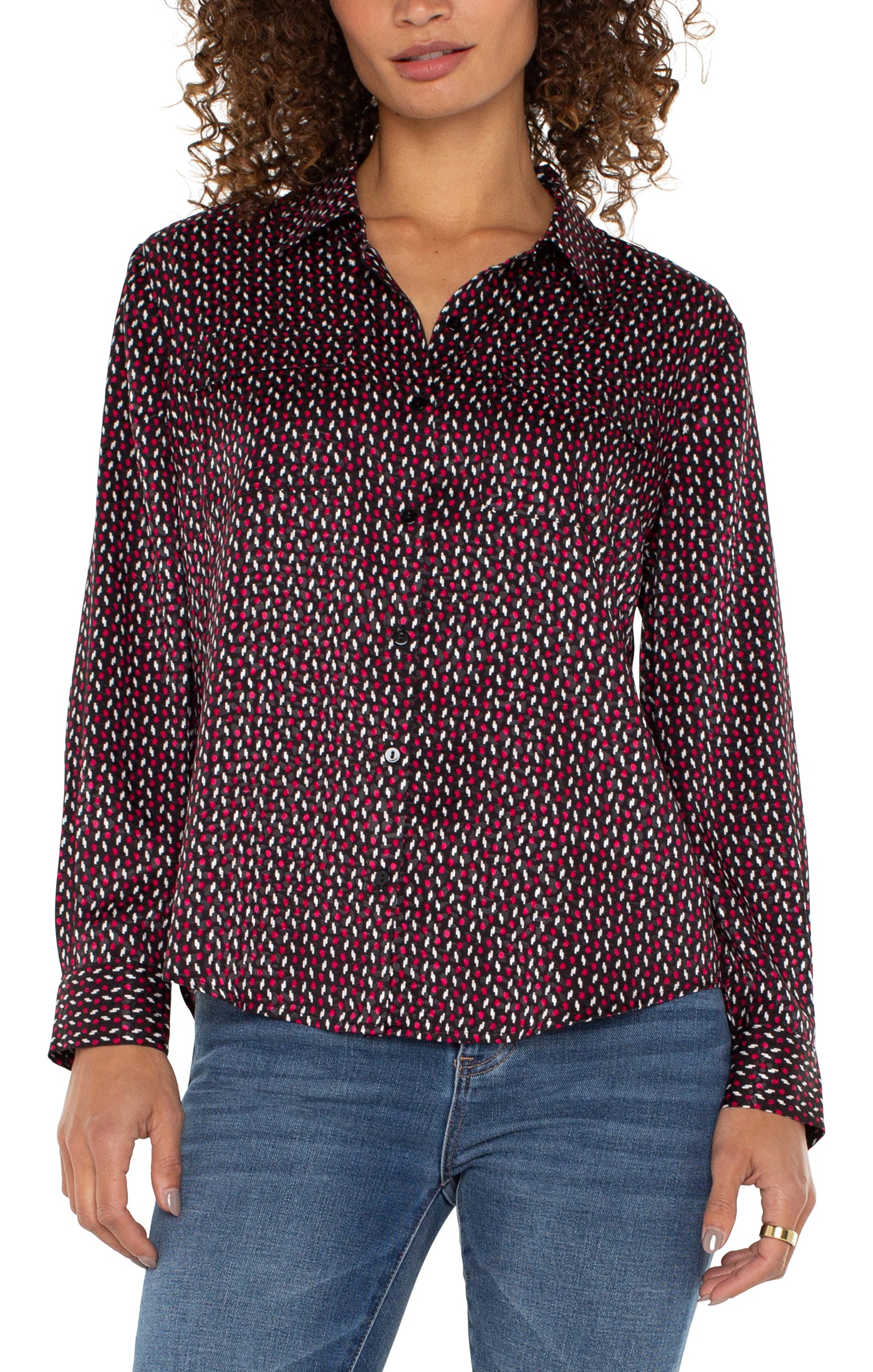 LIVERPOOL WOMENS LONG SLEEVE FLAP BUTTON FRONT WOVEN BLOUSE RUBY DOT