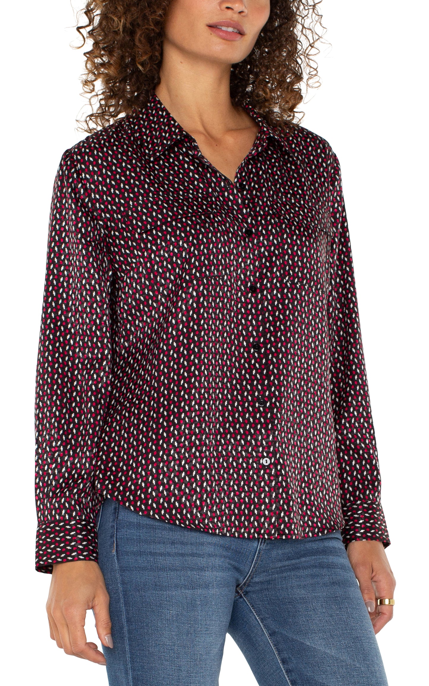 LIVERPOOL WOMENS LONG SLEEVE FLAP BUTTON FRONT WOVEN BLOUSE RUBY DOT