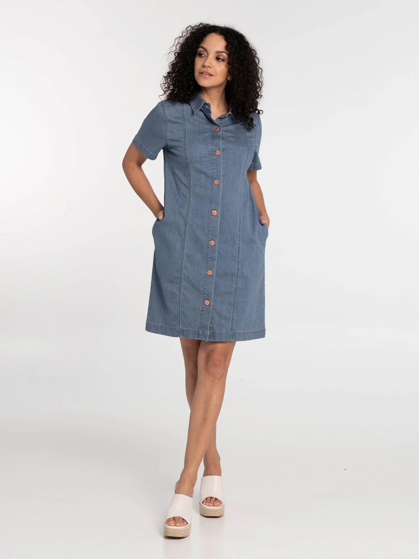 LOIS MACKENZIE SHORT SLEEVE BUTTON UP BLUE STONE WASH DRESS