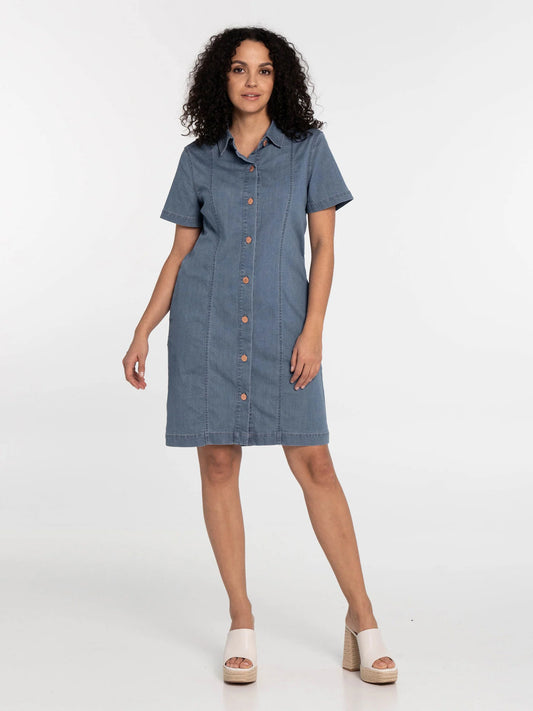 LOIS MACKENZIE SHORT SLEEVE BUTTON UP BLUE STONE WASH DRESS