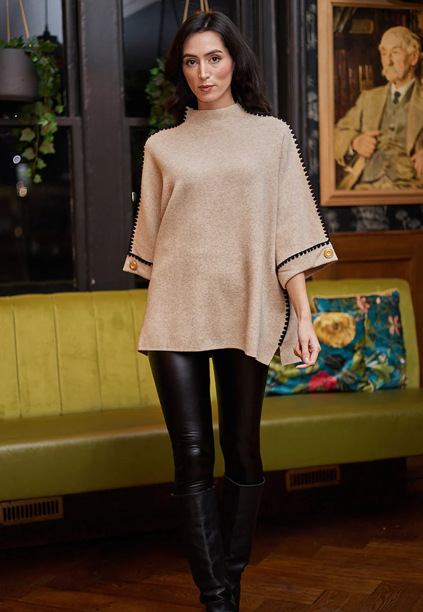 ANGELEYE MAYFAIR MOCK NECK PONCHO IN BEIGE