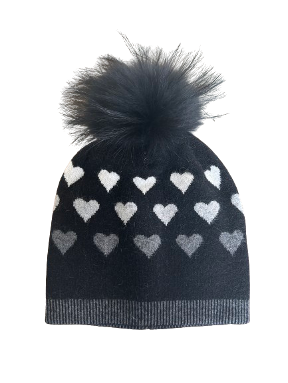 PNYC LAUREN BLACK & GREY REAL FUR POM POM HEART HAT