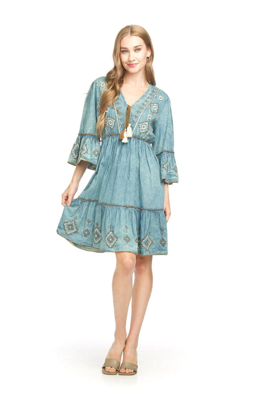PAPILLON EMBROIDERED AND BEADED DENIM DRESS