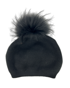 PNYC EVELYN BLACK BEANIE WITH REAL FUR POM POM