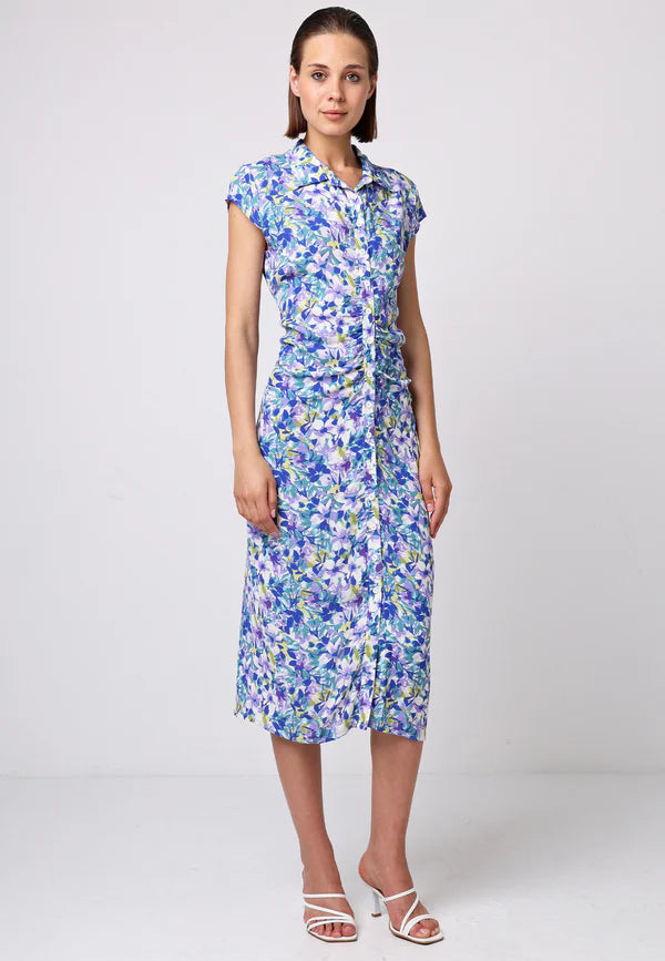 ANGELEYE JAMBOLAN FRONT RUCHED MIDI SHIRT DRESS IN FLORAL PRINT
