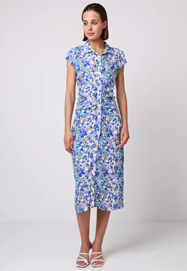 ANGELEYE JAMBOLAN FRONT RUCHED MIDI SHIRT DRESS IN FLORAL PRINT