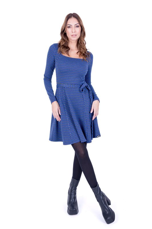 LYLU BLUE PATTERN LONG SLEEVED DRESS