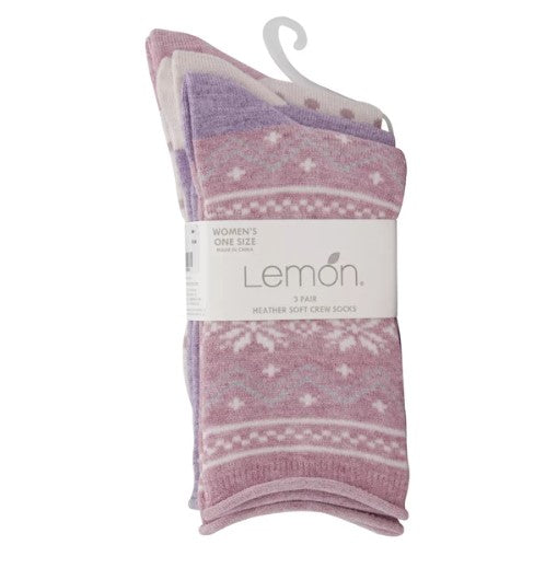 LEMON GREY/PURPLE 3 PACK HEATHER SOFT NON TERRY CREW SOCKS