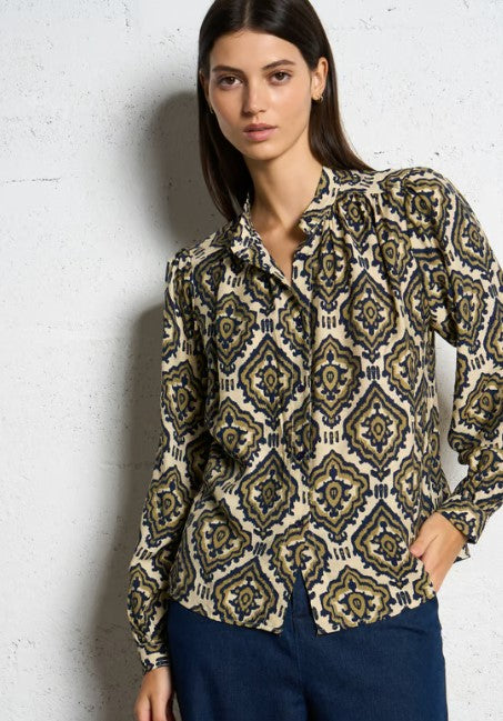 THE KORNER BLOUSE IN CREAM WITH NAVY AND GREEN PRINT
