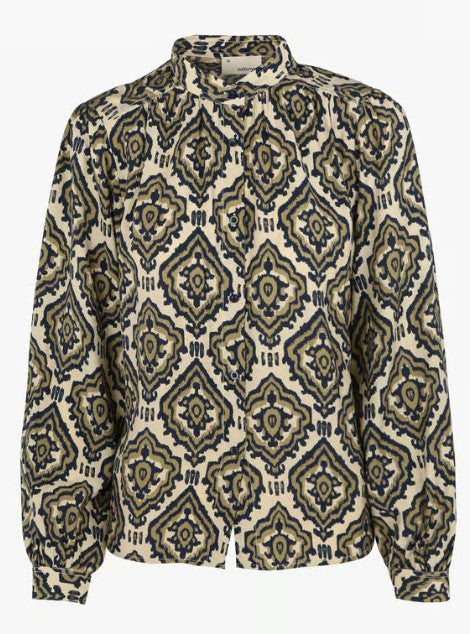 THE KORNER BLOUSE IN CREAM WITH NAVY AND GREEN PRINT