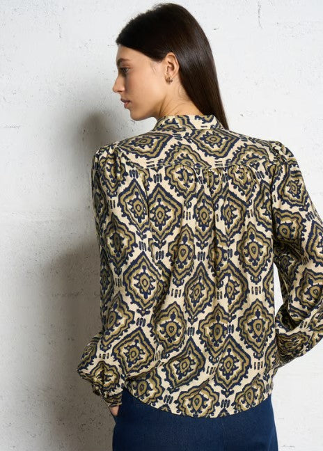 THE KORNER BLOUSE IN CREAM WITH NAVY AND GREEN PRINT