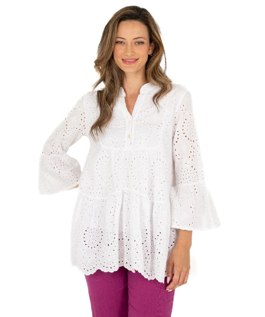 M MADE IN ITALY WOVEN EYELET TUNIC IN WHITE