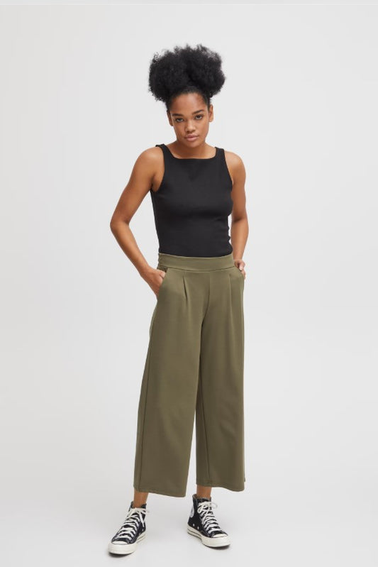ICHI KATE WIDE LEG CROPPED TROUSERS IN KALAMATA