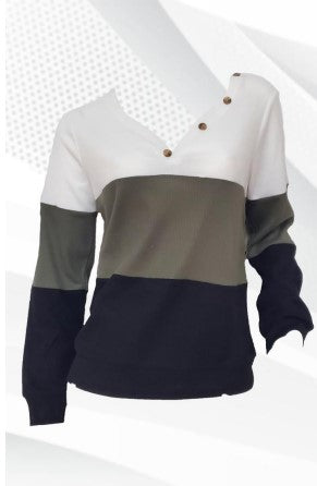 POINT ZERO MOTION COLOUR BLOCK WAFFLE TOP IN WHITE, SAGE AND BLACK