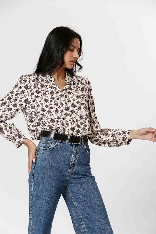 THE KORNER CREAM BLOUSE WITH PURPLE FLORAL PRINT