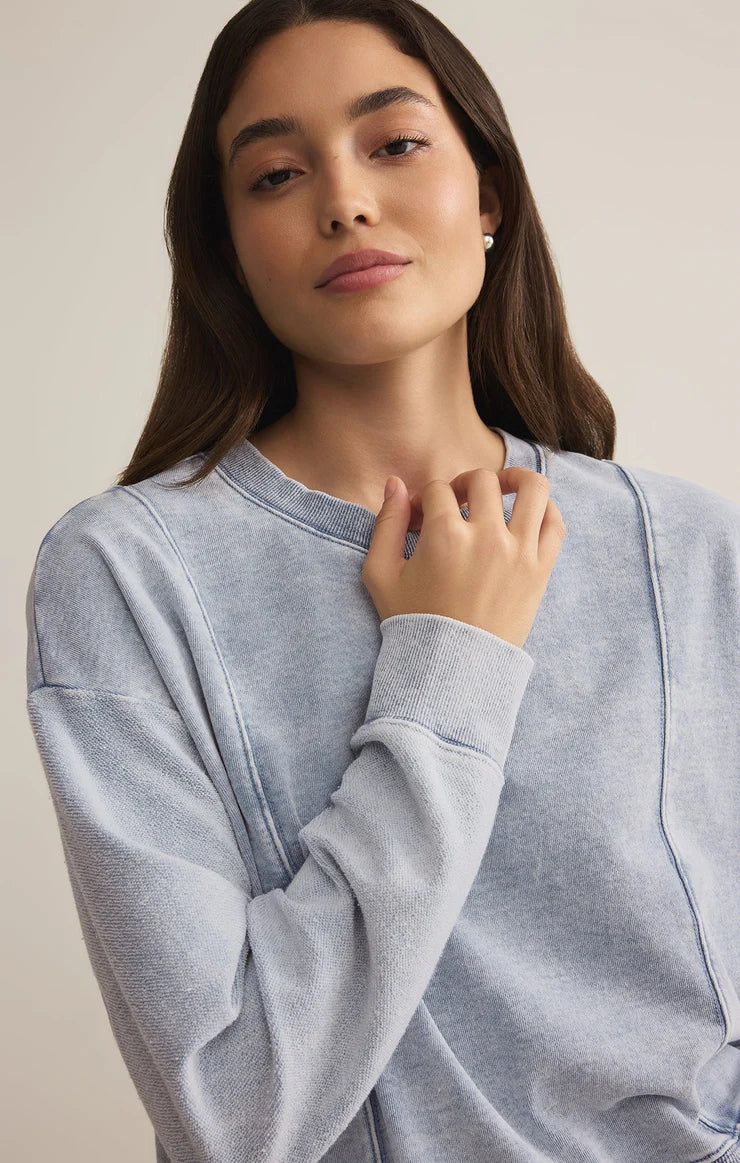 Z SUPPLY LAX KNIT DENIM SWEATSHIRT IN WASHED INDIGO
