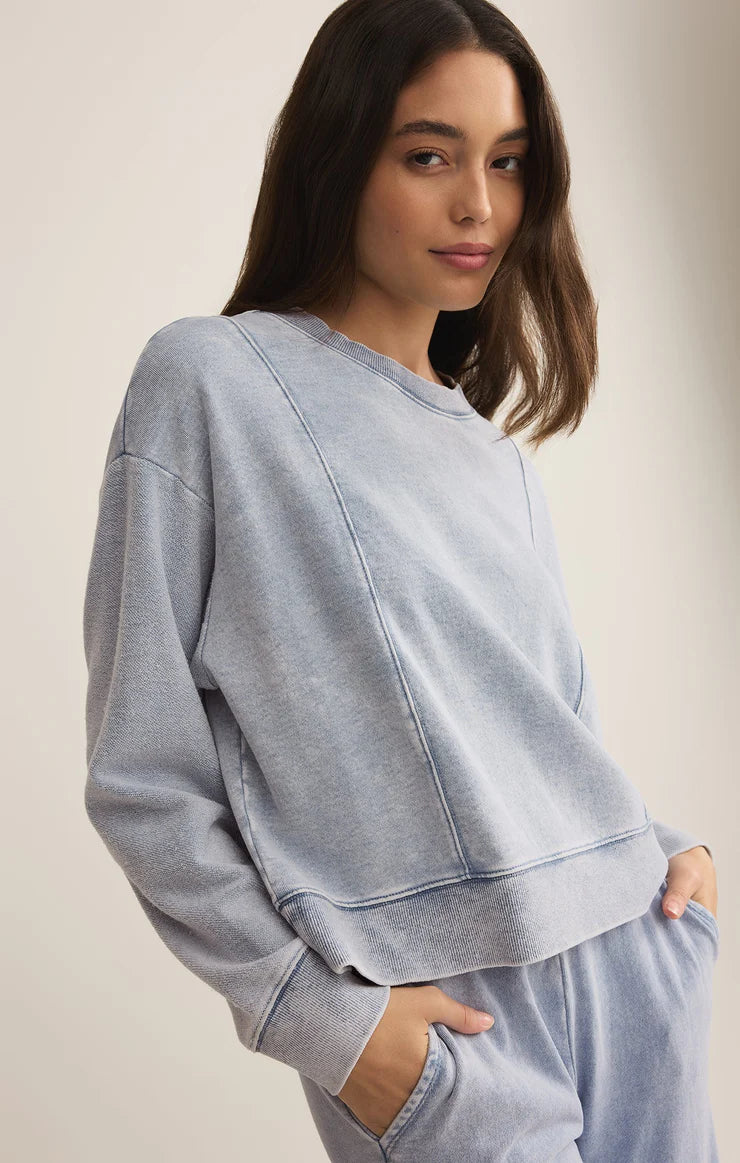 Z SUPPLY LAX KNIT DENIM SWEATSHIRT IN WASHED INDIGO