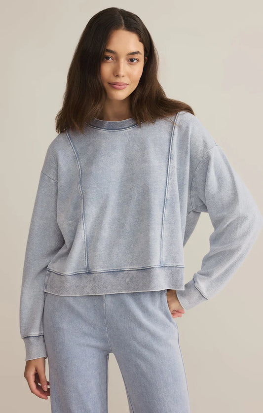 Z SUPPLY LAX KNIT DENIM SWEATSHIRT IN WASHED INDIGO