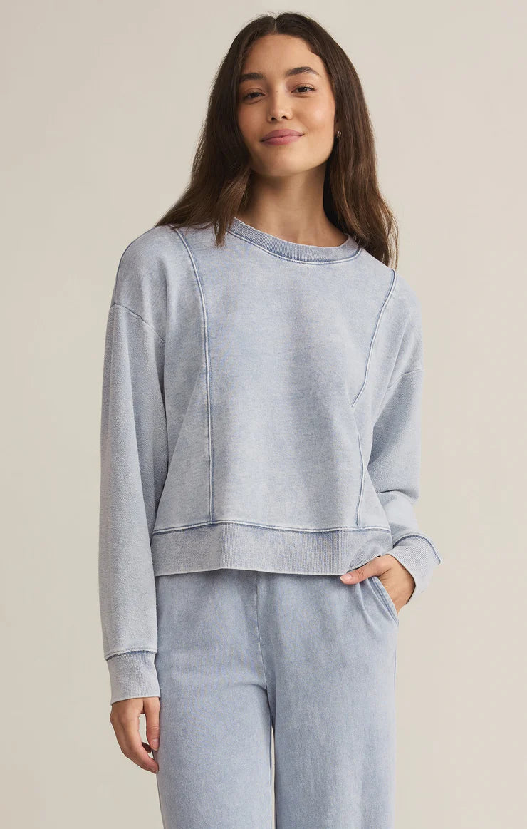 Z SUPPLY LAX KNIT DENIM SWEATSHIRT IN WASHED INDIGO