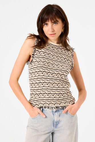 GARCIA SLEEVELESS PULLOVER STRUCTURED TOP IN BLACK AND BEIGE