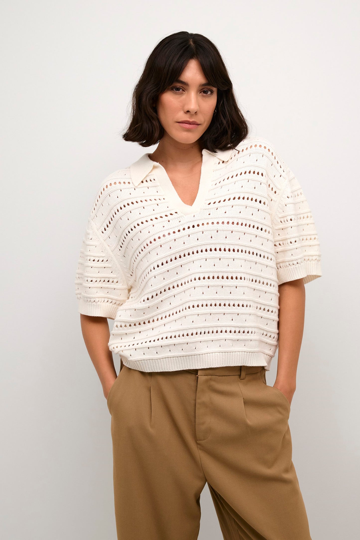 KAFFE CHALK JOLIE POLO KNIT PULLOVER