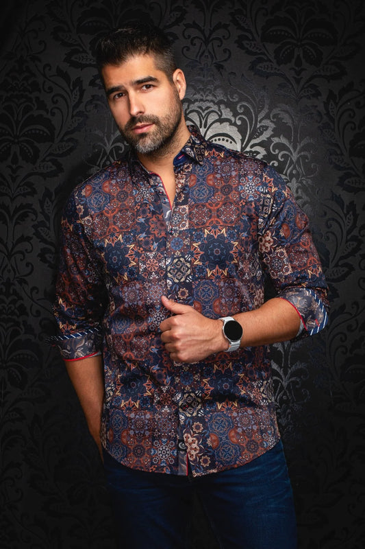 AU NOIR CLOVIS WOVEN LONG SLEEVE SHIRT IN NAVY RUST