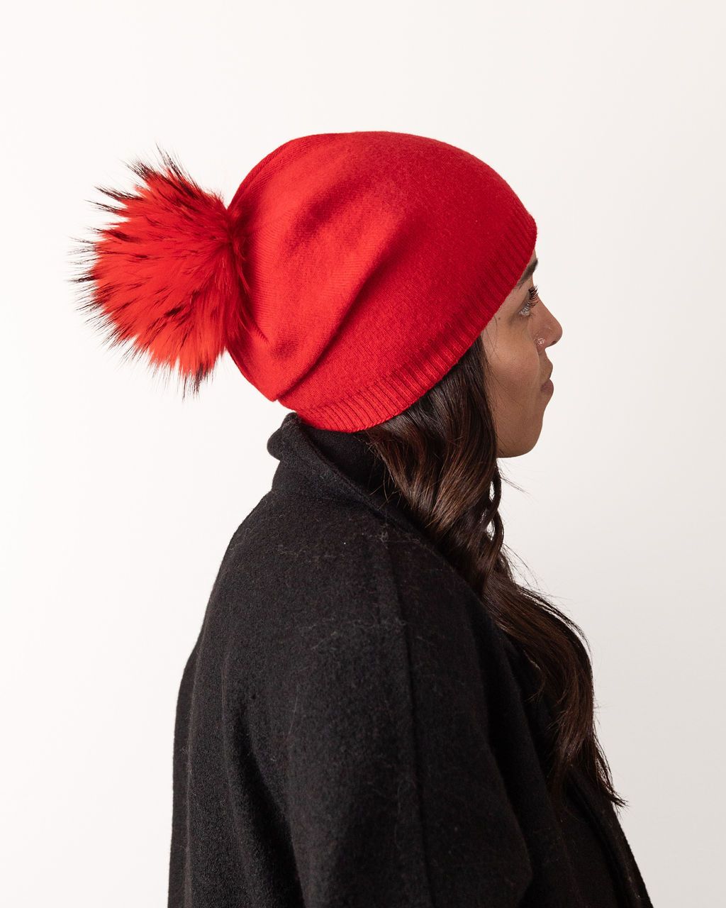 PNYC EVELYN RED BEANIE WITH REAL FUR POM POM