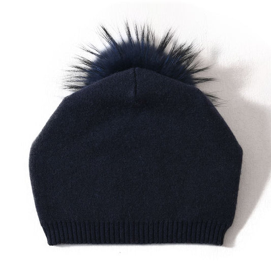 PNYC EVELYN NAVY BEANIE WITH REAL FUR POM POM